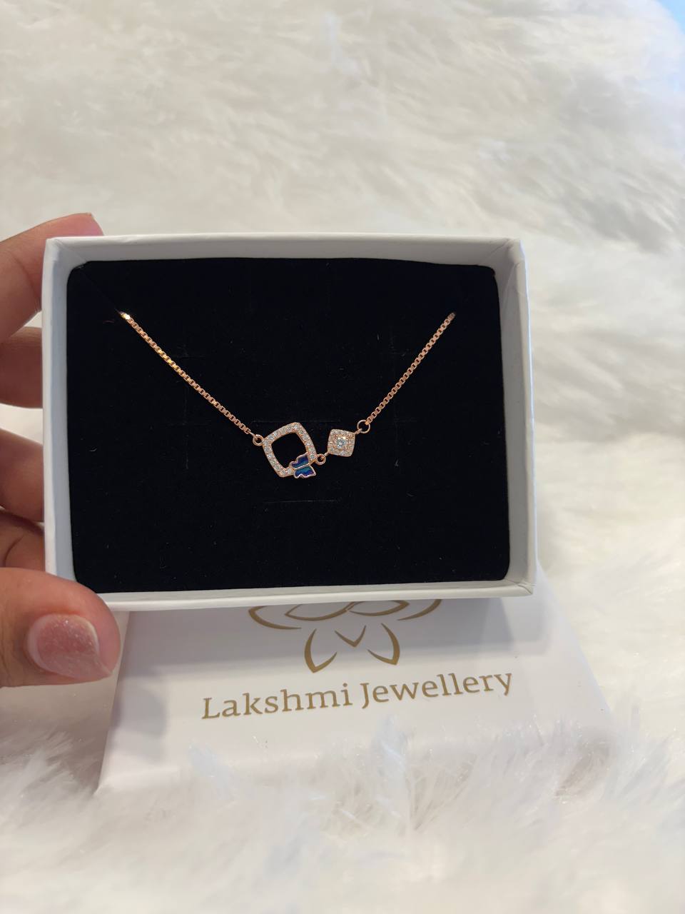 Silver double square blue butterfly with rosegold finish Silver double square blue butterfly with rosegold finish