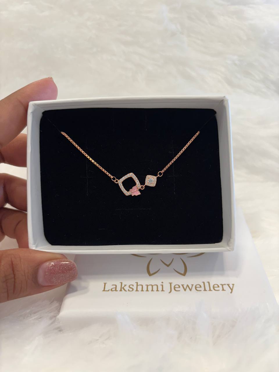 Silver double square pink butterfly with rosegold finish Silver double square pink butterfly with rosegold finish