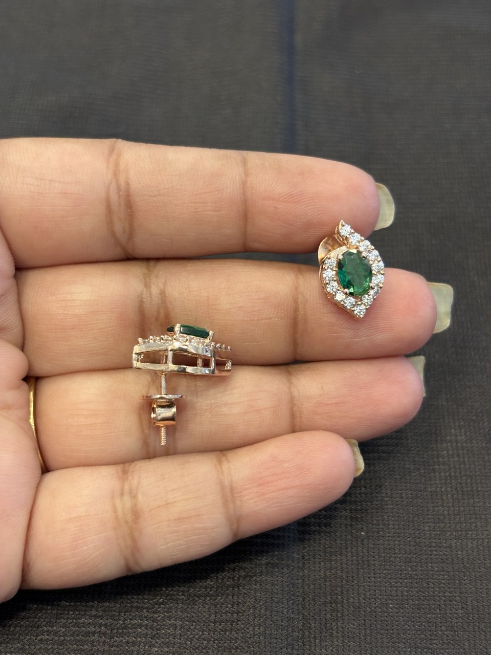 Silver green b stud with rosegold finish