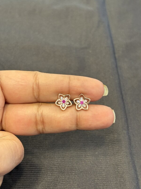 Silver crystal flower pink stud with rose gold finish