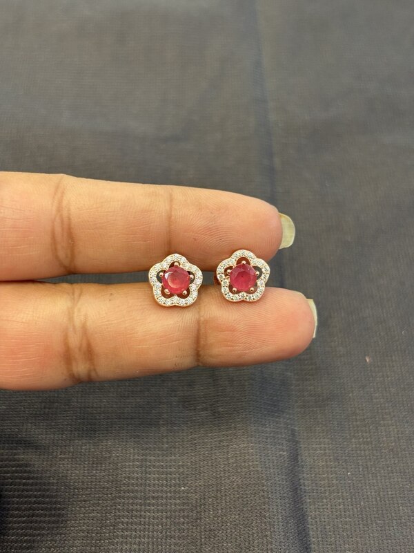 Silver flower round pink stud rose gold finish