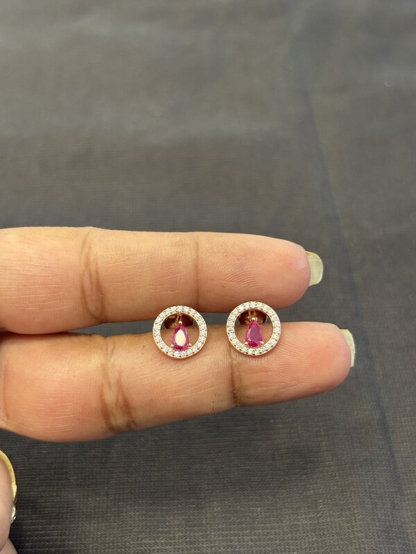 Silver drop round pink stud with rose gold finish
