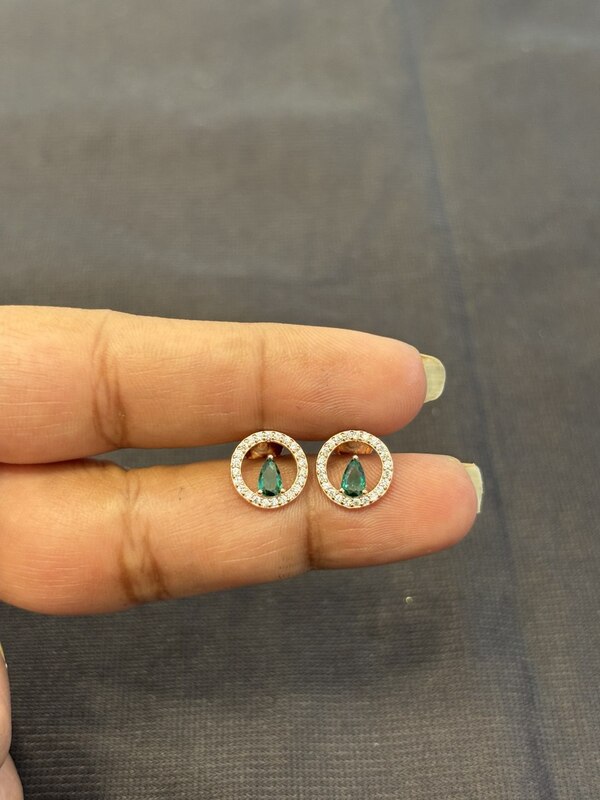Silver drop round green stud rose gold finish