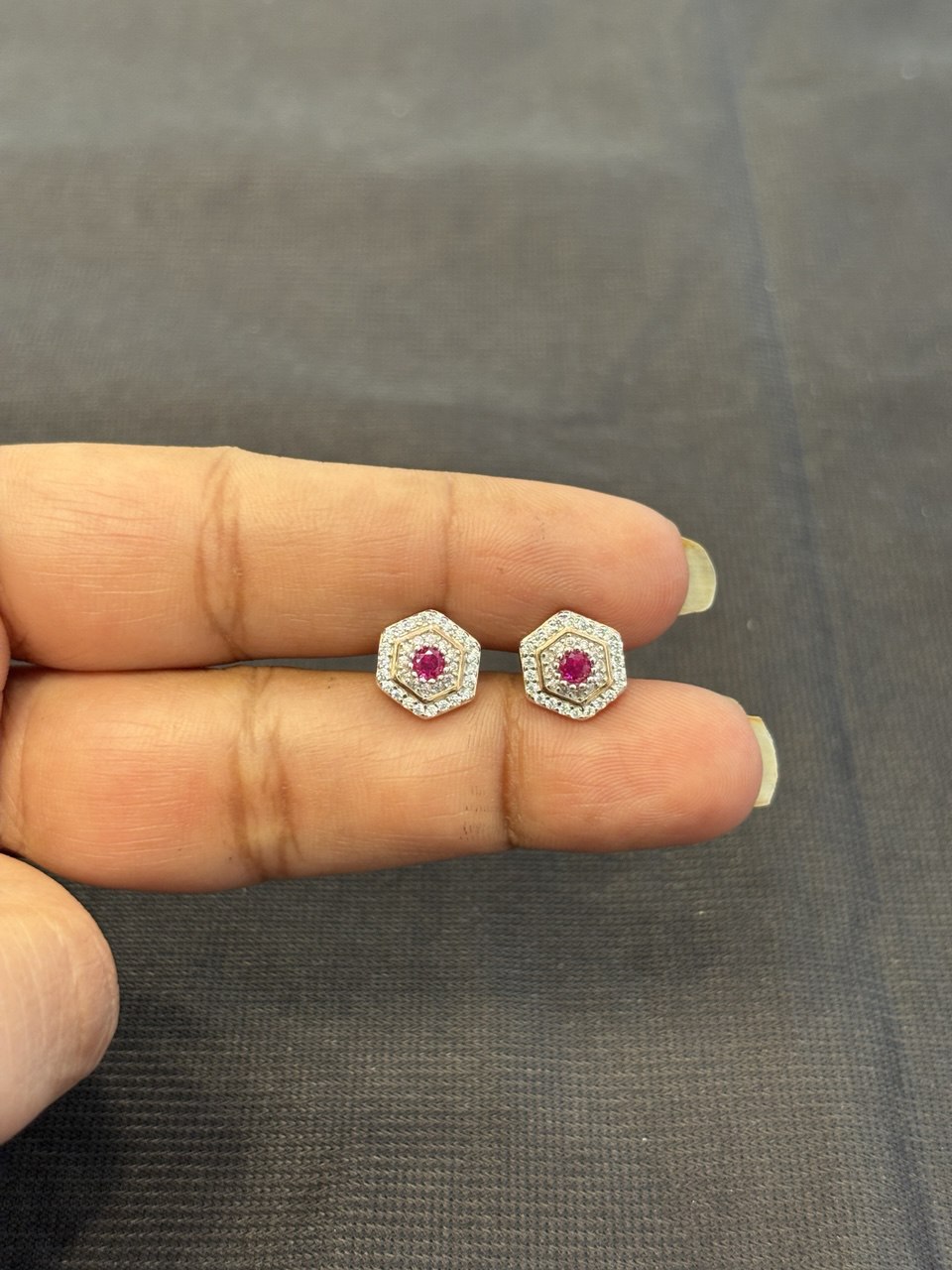 Silver hexagon pink stud with rose gold finish