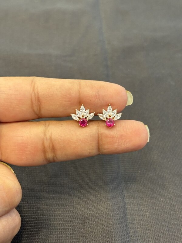 Silver half flower pink stud rose gold finish
