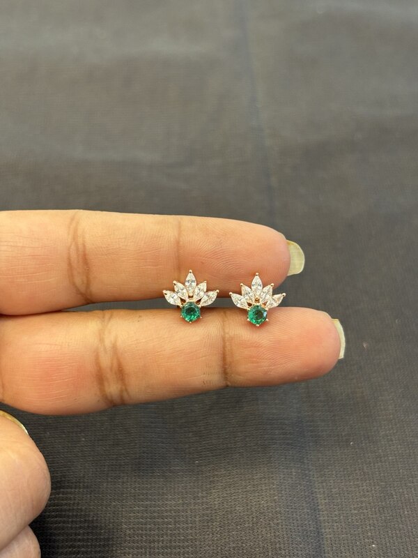 Silver half flower green stud rose gold finish