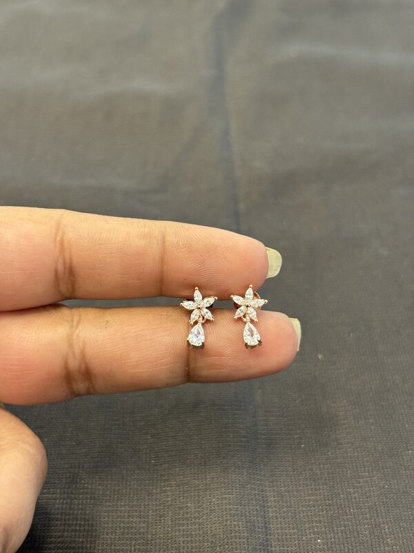 Silver flower with drop hanging stud rose gold finish