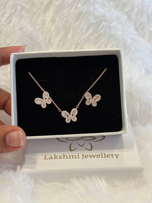 Silver big butterfly chain pendant set with rosegold finish