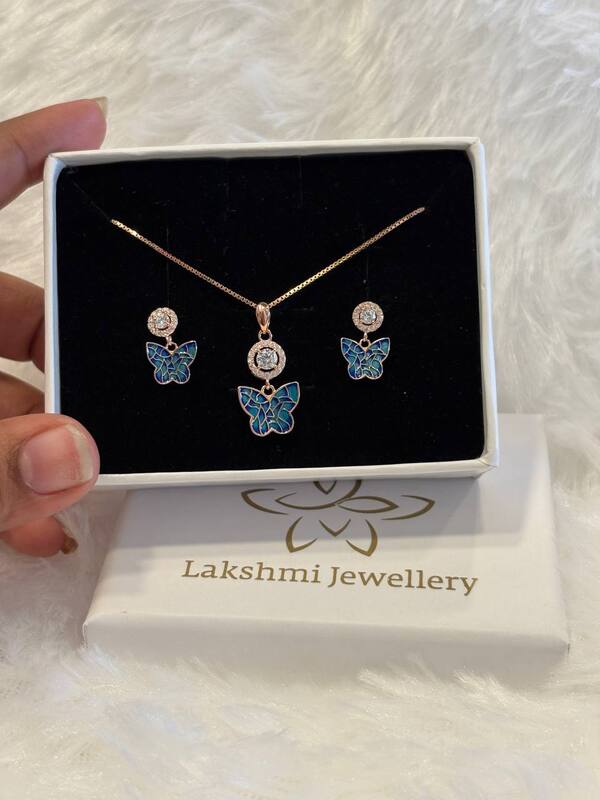 Silver blue butterfly pedant chain set with rosegold finish