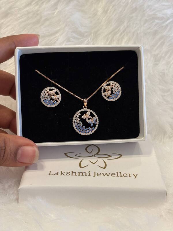 Silver blue double butterfly pedant chain set with rosegold finish