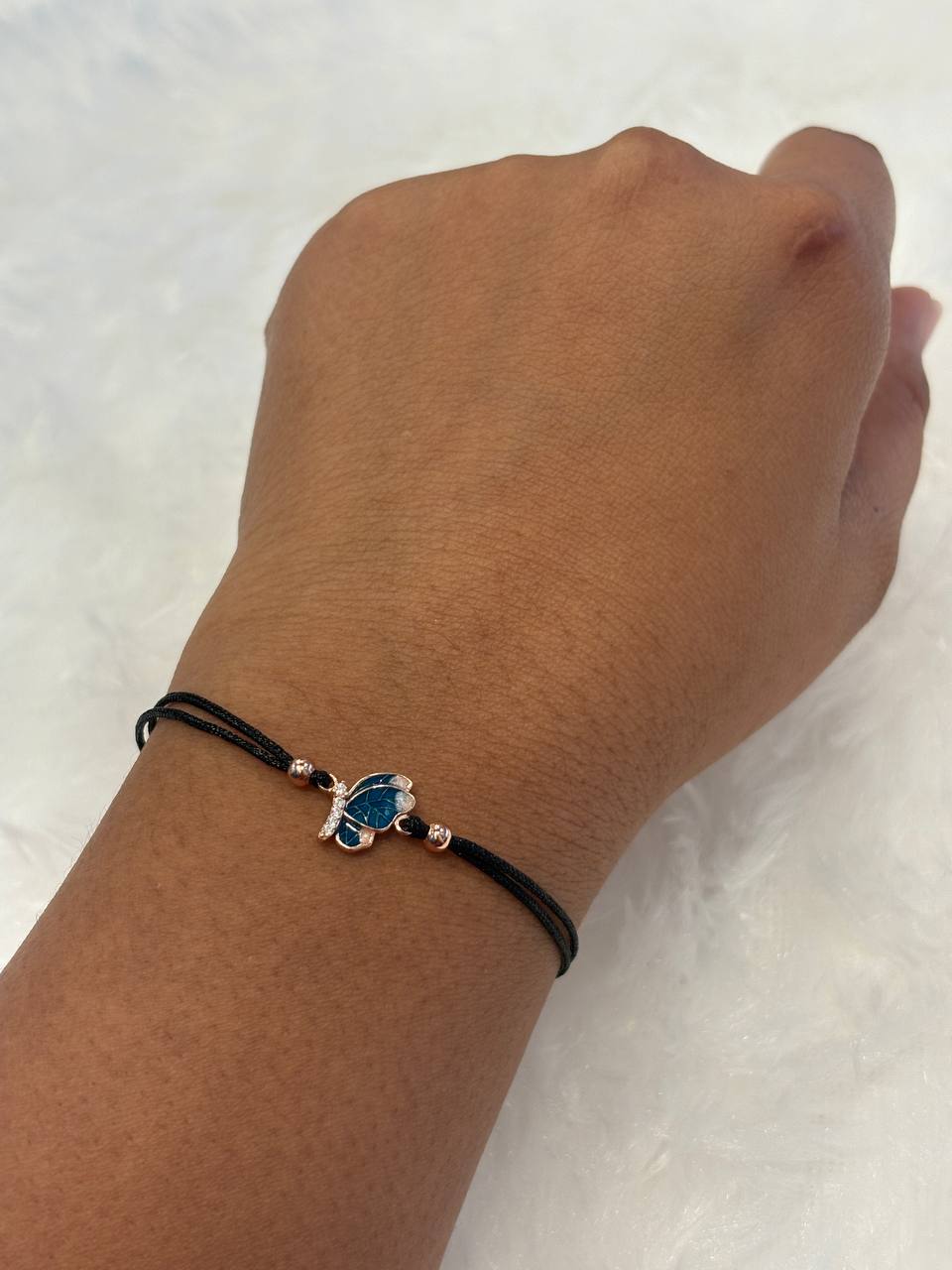 Silver black rope butterfly bracelet with rose gold finish