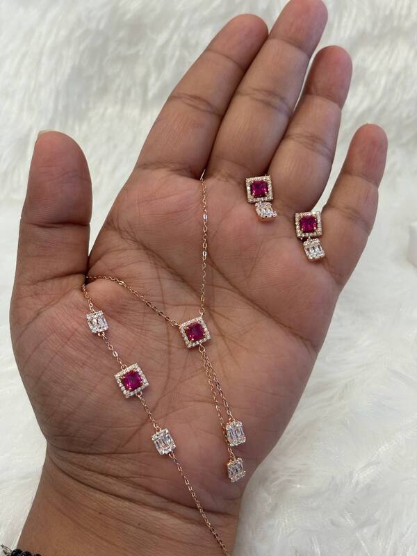 Silver bracelet earing chain pendant set with rosegold finish