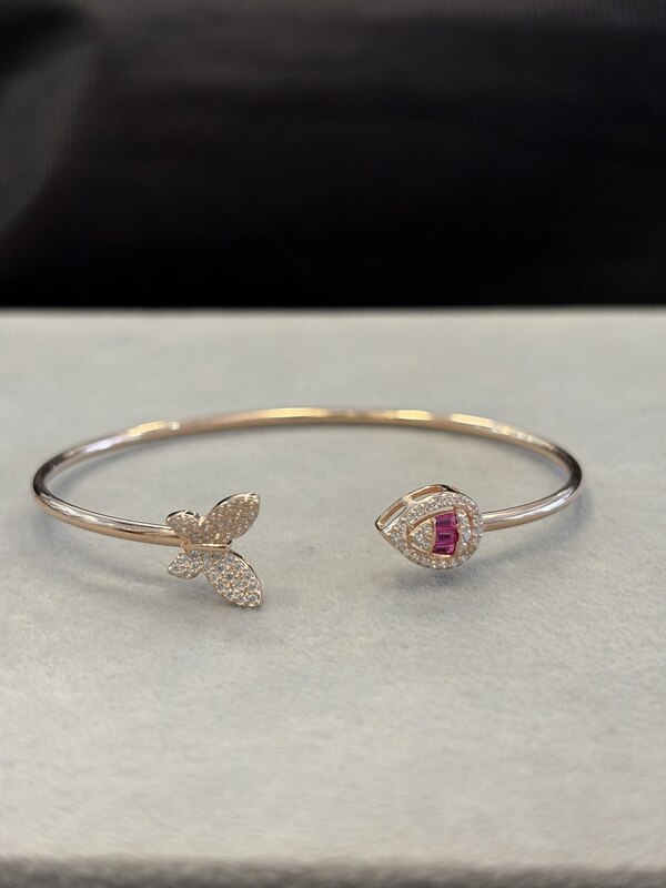 Silver butterfly pink kada with rosegold finish