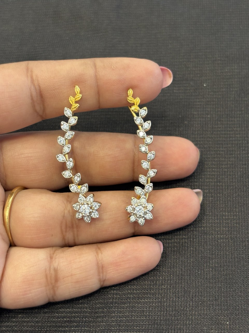 Silver flower with leaf ear cuff with gold finish